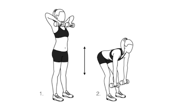 Standing Row 1. This exercise involves a stretch band, tied at the ends to make a three-foot loop. 2. Attach one end of the loop to a steady object like a doorknob and face it. 3. Hold the other end in one hand, and stand far back enough so there is little or no slack in the band. 4. With your arm bent at the elbow at a 90-degree angle and close to your body, pull the elbow back. 5. Repeat the exercise with the other arm.