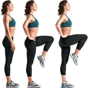 Standing knee lifts with extensions by either standing with back against wall, or lying on floor.